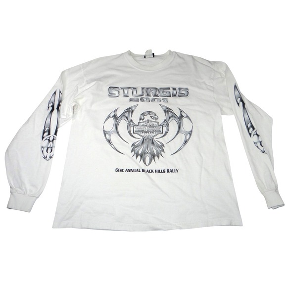 VTG Harley Davidson Sturgis 2001 Black Hills Rally Long Sleeve Tee White Mens L